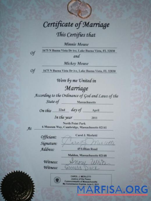 Downloadable USA Commonwealth of Massachusetts marriage certificate example